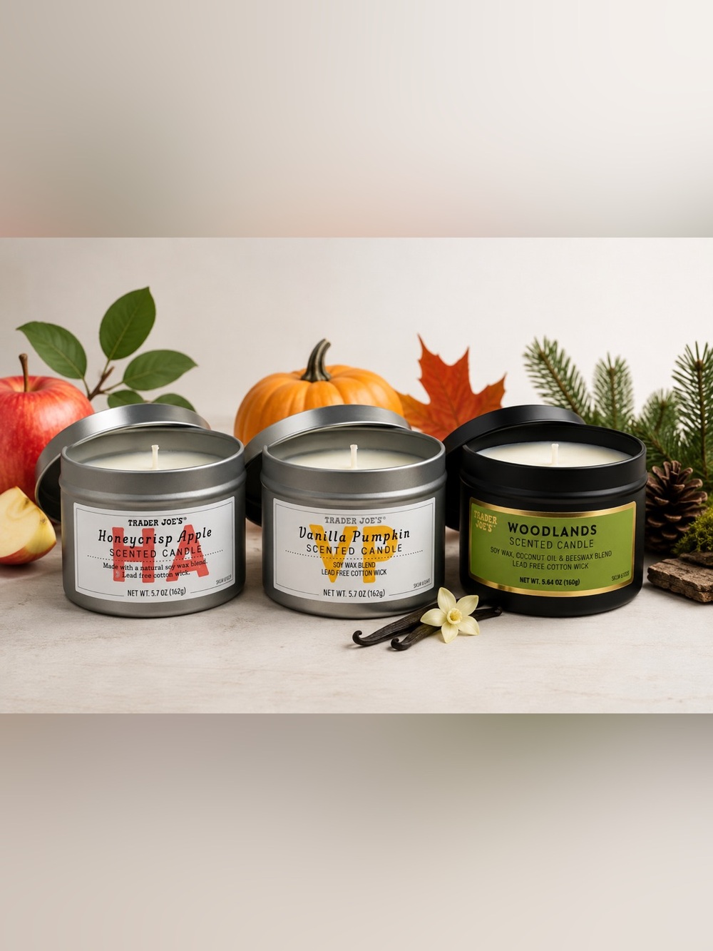 Trader Joe’s Scented candle variety set- Honeycrisp Apple, one Vanilla pumpkin &